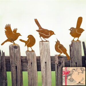 5PCS Rusty Birds Decoration, Outdoor Fence Decorations, Metal Birds Craft Statue